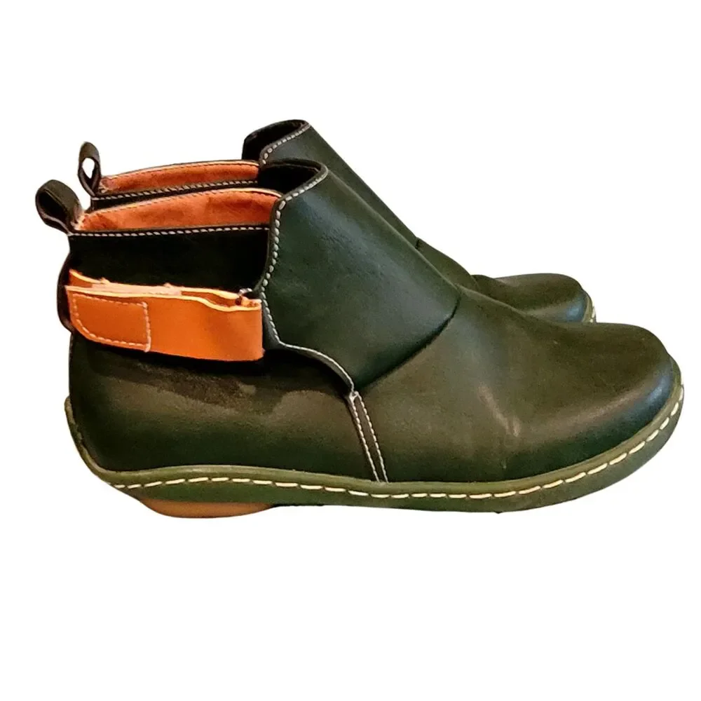 Faux Leather Emerald Green and Tan Booties Ankle Boot Rubber Sole EU38 7.5US